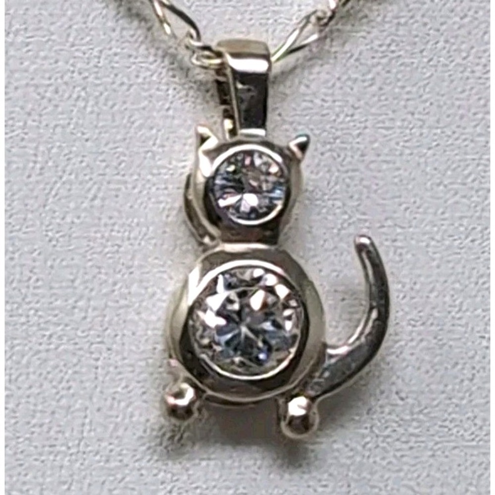 Cat Pendant Necklace 925 Sterling Silver Clear CZ / Crystal Stones Figaro Chain